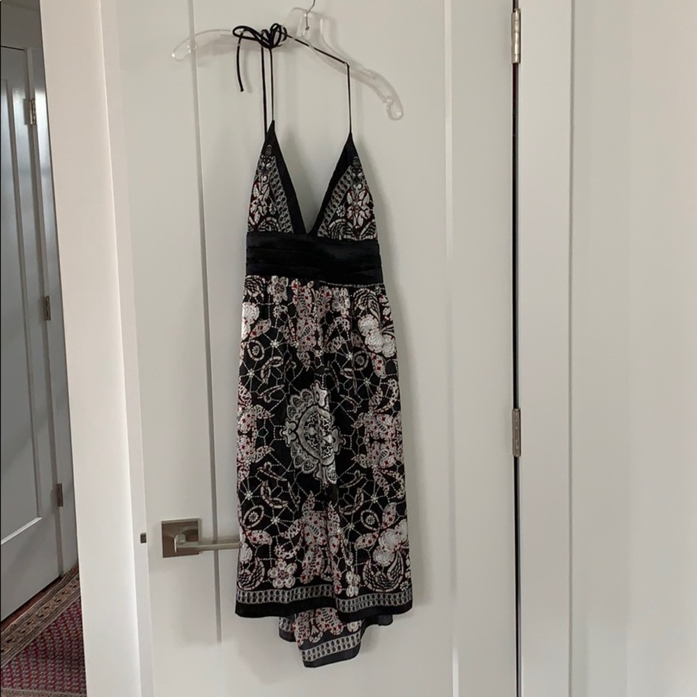 Black patterned with red and white halter dress